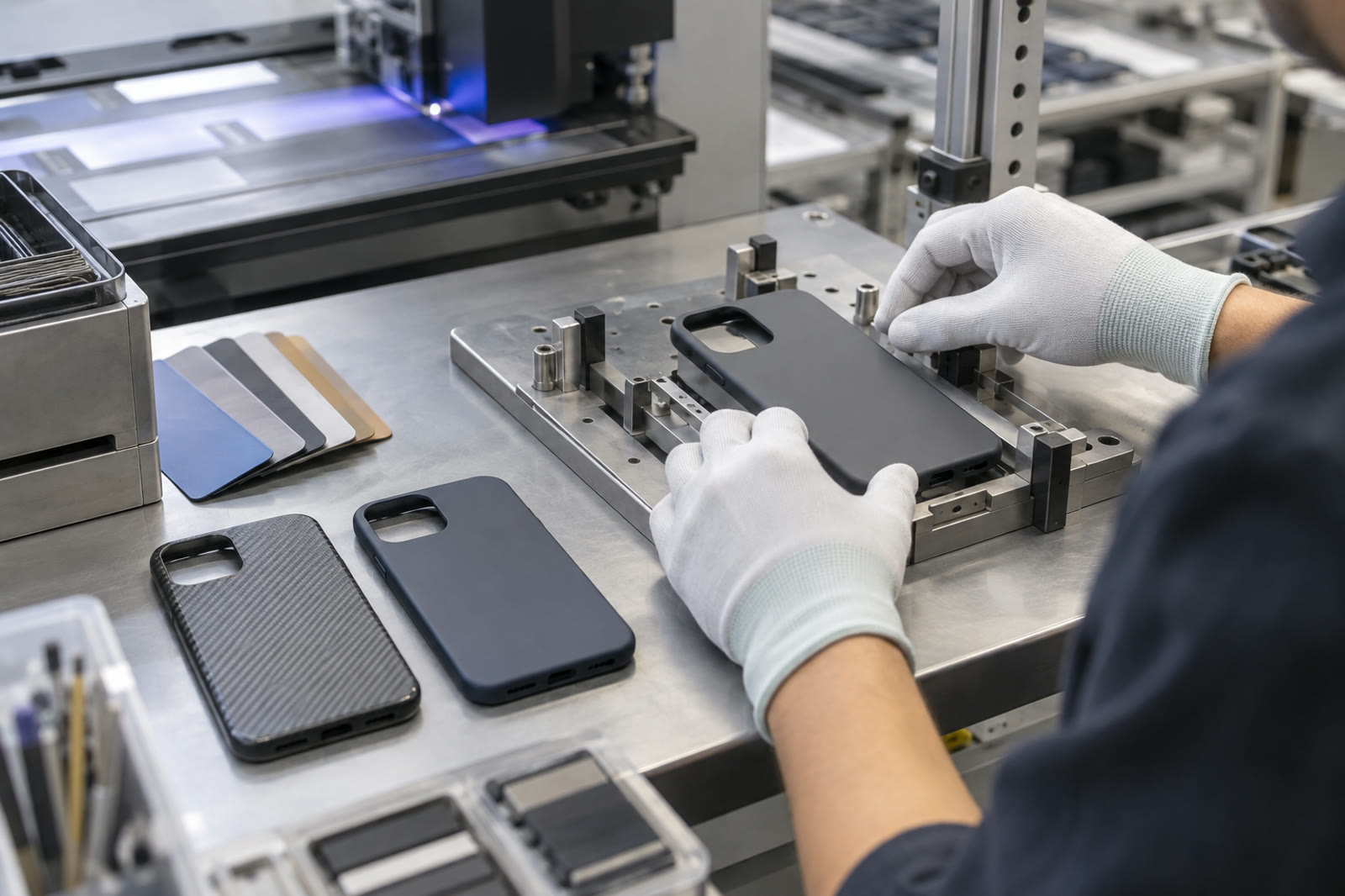 Operator aligning a phone case in a production fixture