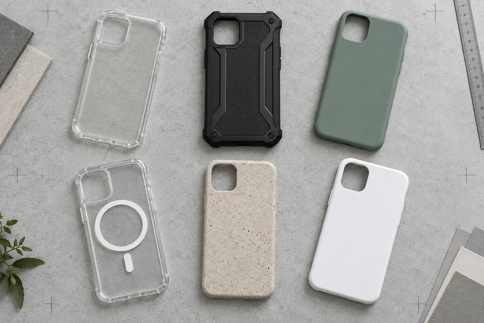 Six phone case constructions arranged as a material and color study