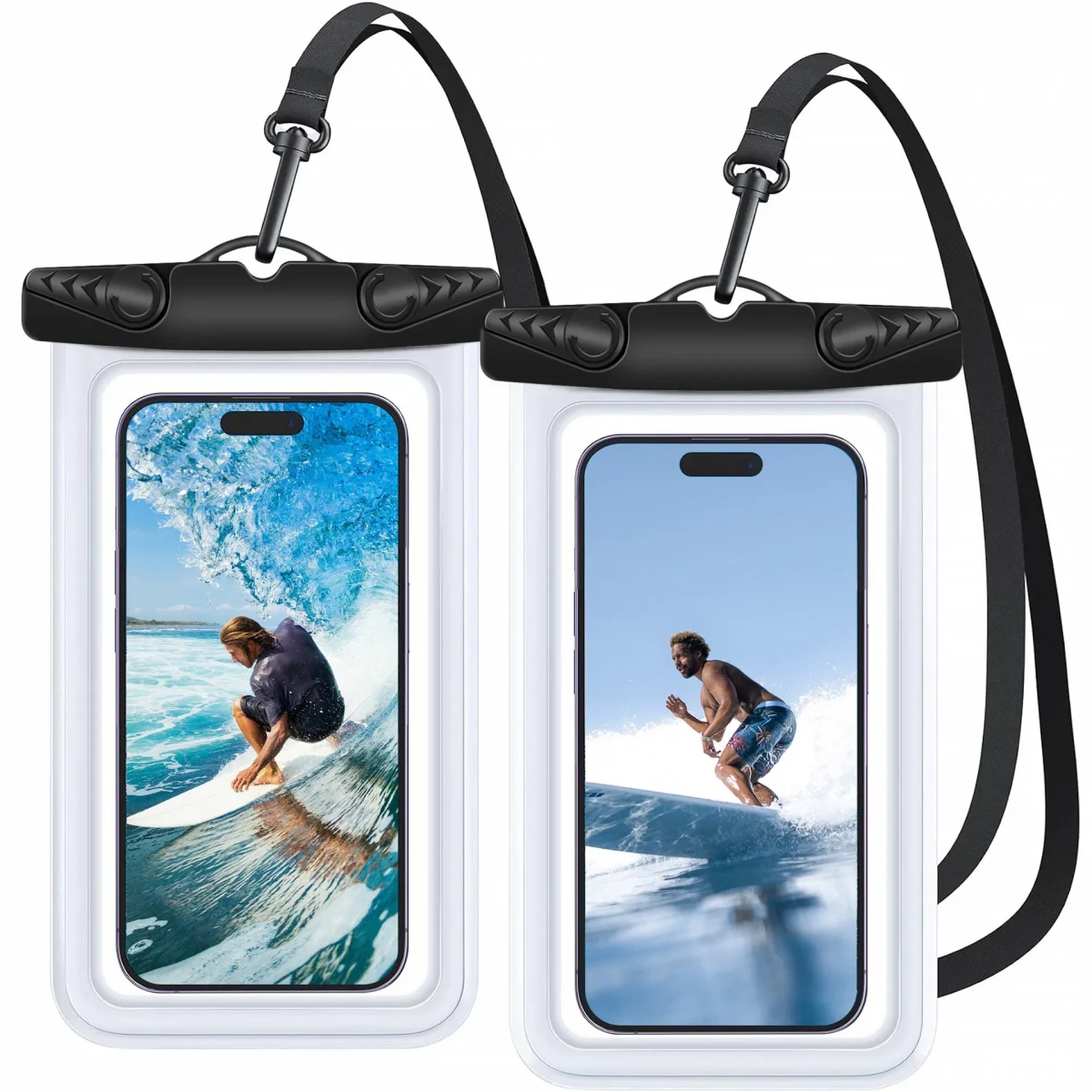 Clear Phone Pouch with Lanyard — Black · front views
