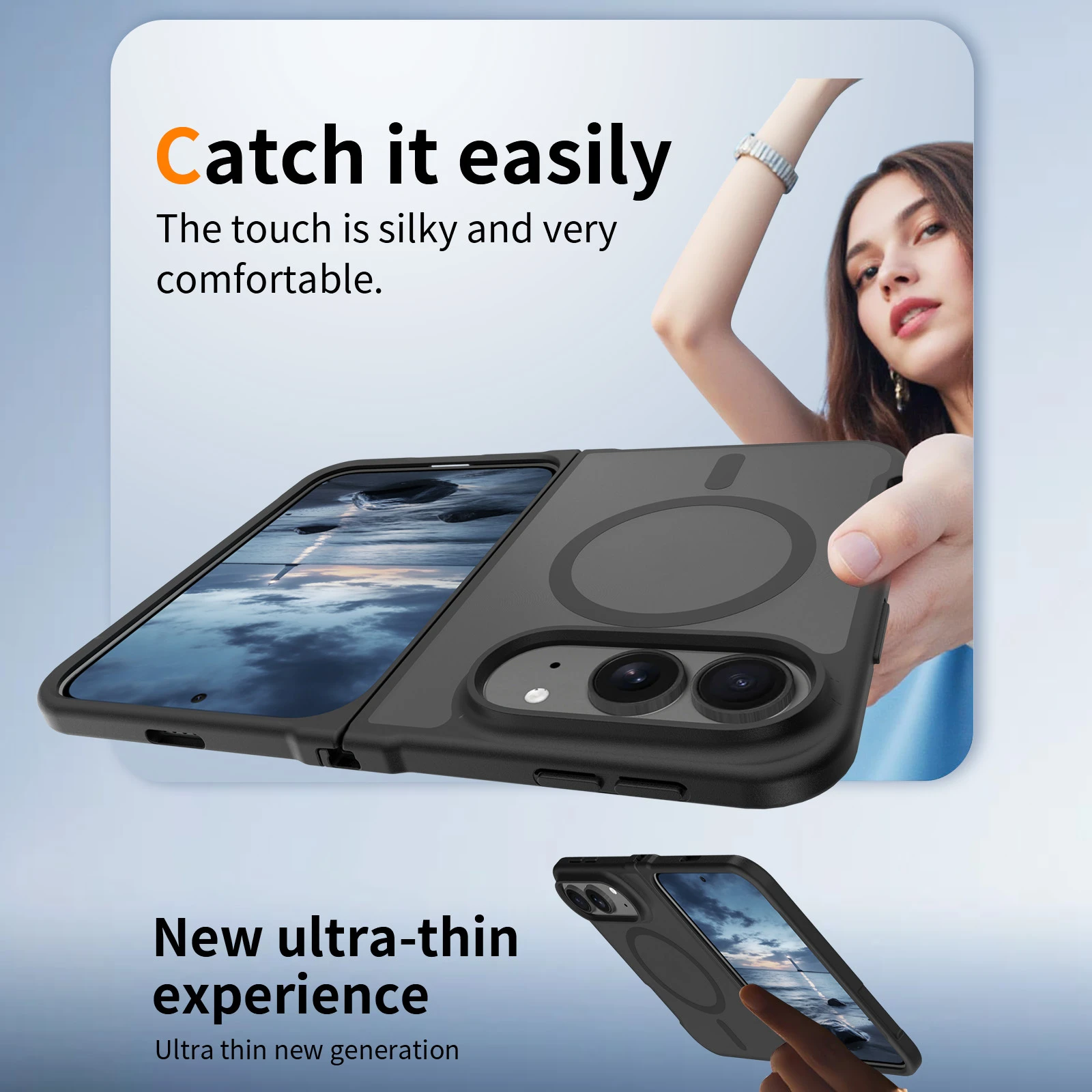 Supplied lifestyle image showing the fold case in hand and its slim side profile.