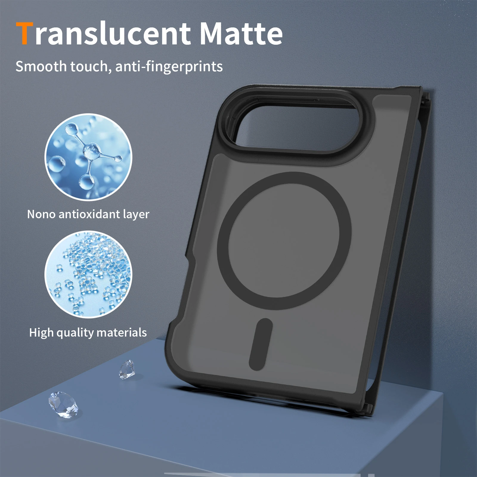 Close-up of the black translucent matte case and the supplier's material illustration.