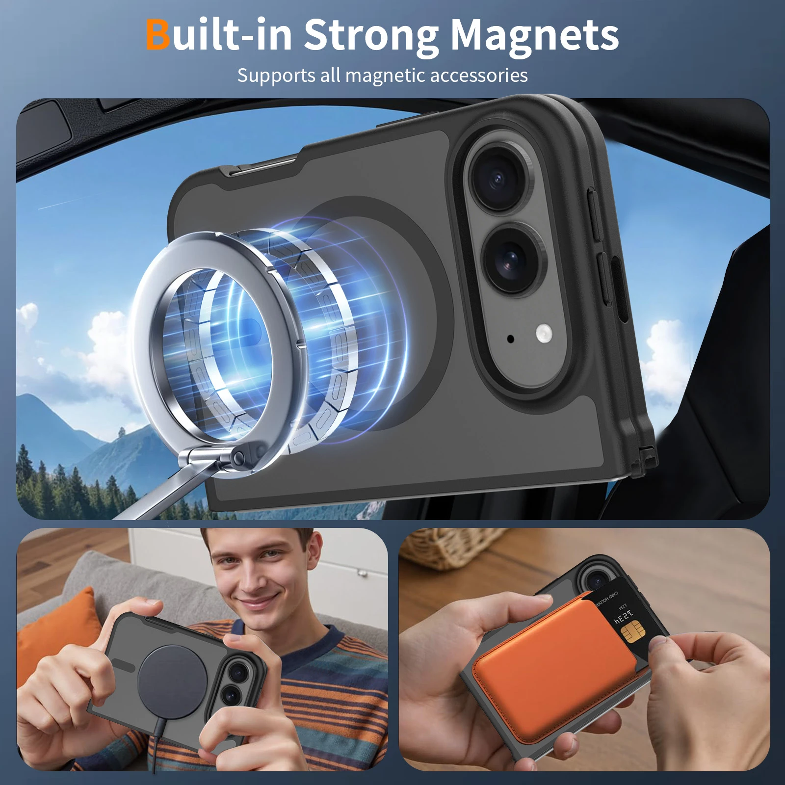 Supplied illustration of the magnetic ring, charging attachment and magnetic accessory examples.