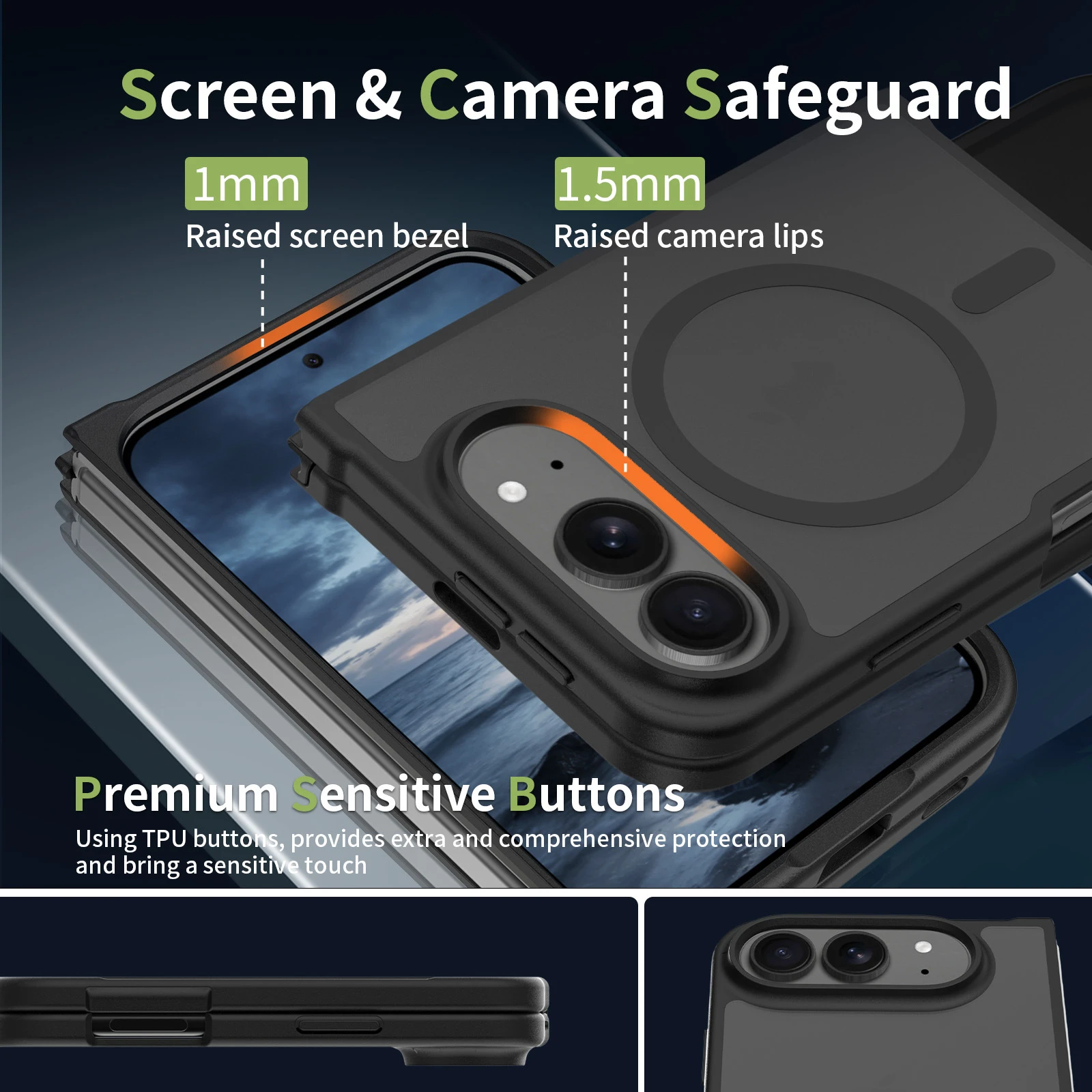 Supplied product detail showing a 1 mm raised screen bezel, 1.5 mm camera lip and covered TPU buttons.
