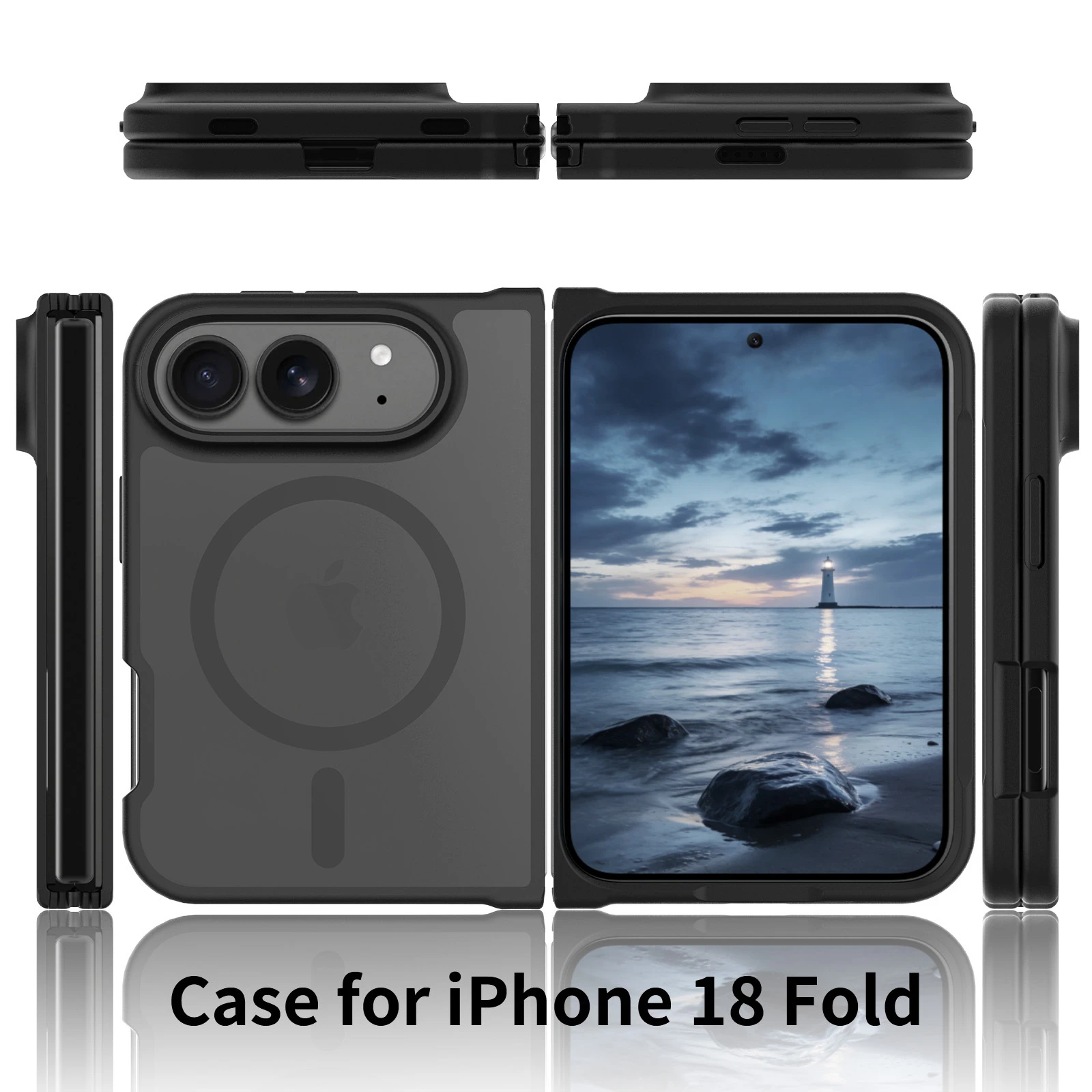 Front, back, top and side views of the black fold case; supplied artwork labels it for iPhone 18 Fold.