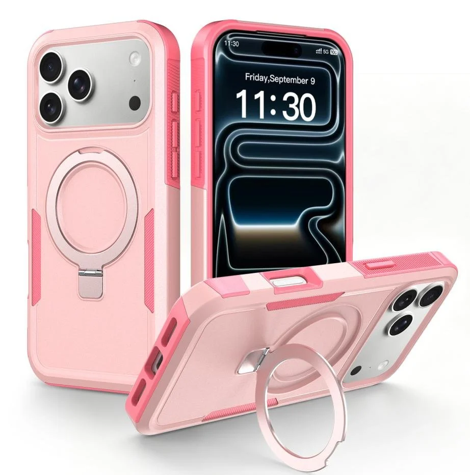Rotating Ring Kickstand Phone Case — Pink · ring stand open
