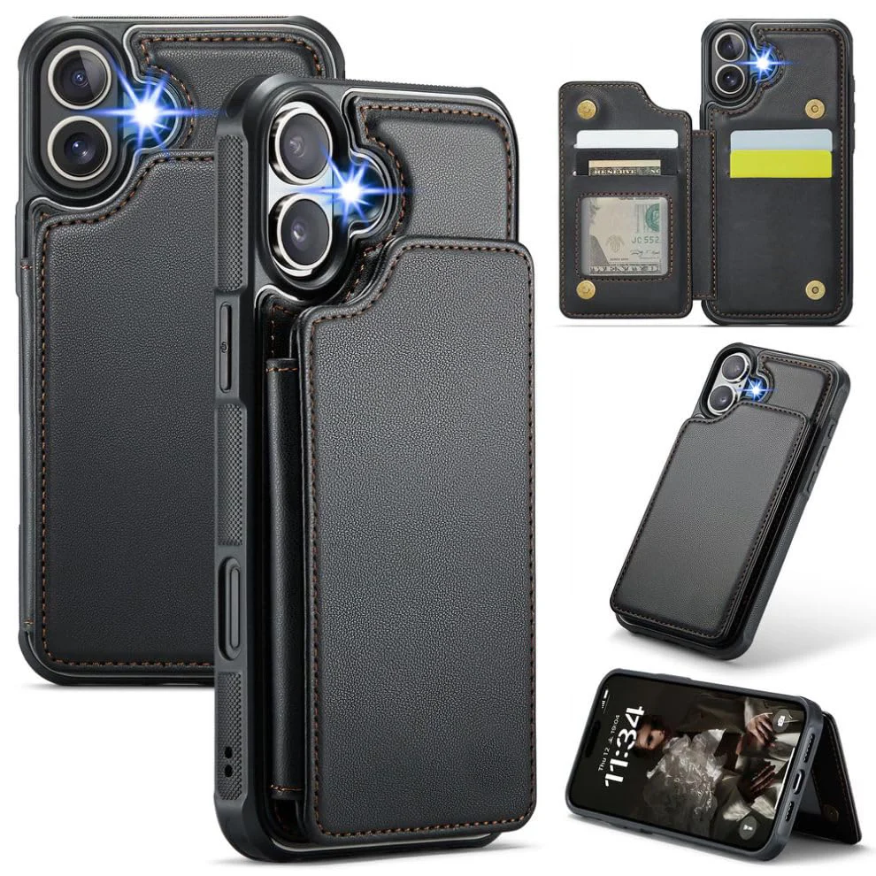 Textured Wallet Phone Case — Black · wallet and stand views
